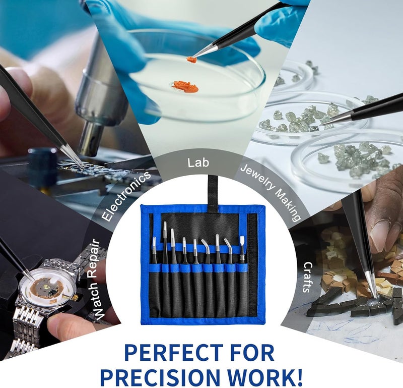 XOOL Precision Tweezers Set, 9 PCS ESD Tweezers Set, Anti-Static Stainless Steel Tweezers Kit, Multi-standard Stainless Steel Tweezers for Lab, Electronics, Jewelry and Detailed Work - Image 3